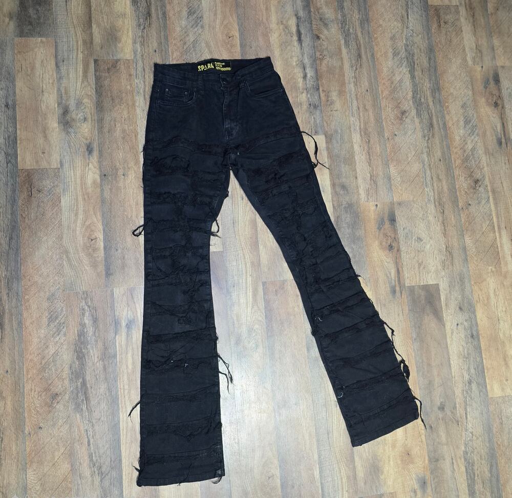 Spark Premium Black Ripped Distressed Flare Fit Stacked Denim Jeans 29x36 Grunge